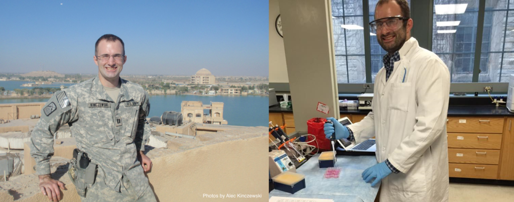 Two photos of REV student Alec Kinczewsky: left wearing a gray camouflage military uniform outside, and right wearing a lab coat, goggles, and gloves in a chemistry lab 