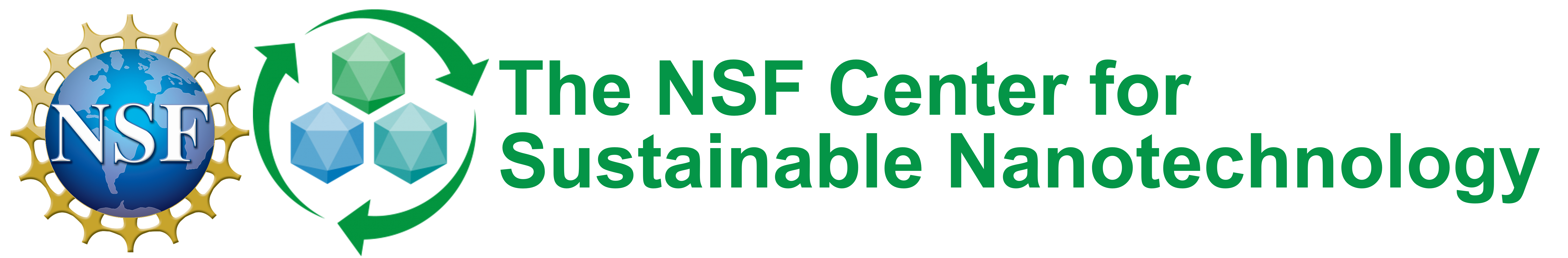 Left: blue globe logo of NSF. Right: green and blue logo of The Center for Sustainable Nanotechnology